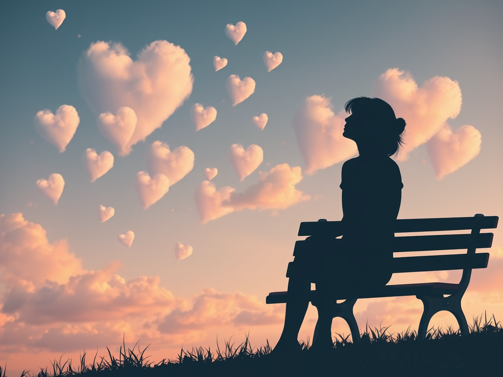 Woman sitting on a bench looking at the sky with heart-shaped clouds.